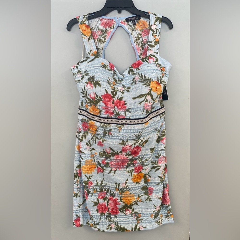Guess Blue Lace Floral Mini Bodycon Dress Keyhole Back Sleeveles Lattice Size 14 - Picture 1 of 12